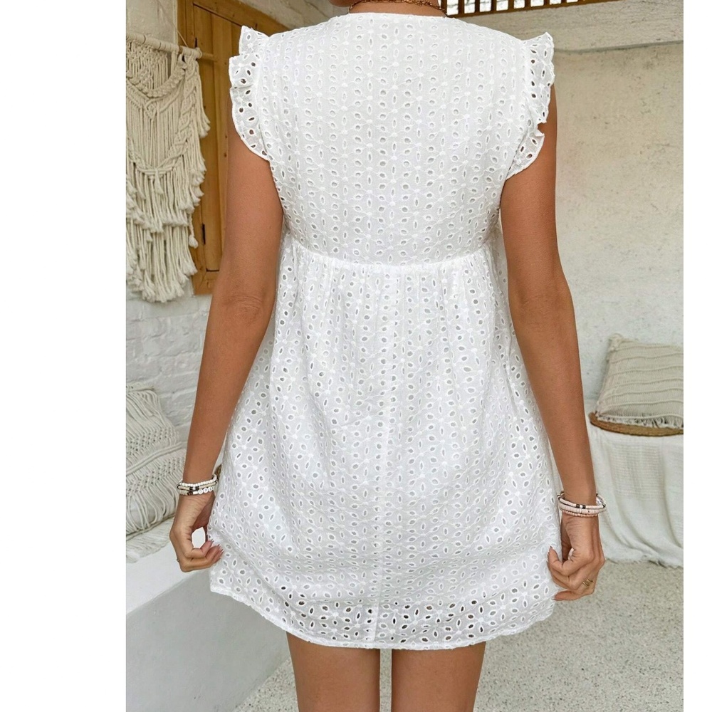 Boho white e v neck eyelet smock Ruffle dress - Picture 2 of 5